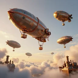 beautiful blimps high in the sky, copper chains hanging from the edges, steampunk styled, golden hour, steam clouds, clouds, valves, award winning photography, highly detailed, low poly, extremely wide angle