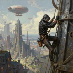 landscape painting of a hooded thief in leathers using a rope to climb a tall metal steampunk buildings with a fantasy city with airships, fine details, magali villeneuve, artgerm, rutkowski