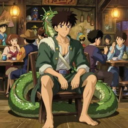 a male naga, no legs, seated in an old crowded and lively tavern full of fantasy spirits and heroes, warm lights, lighthearted, art by yuji ikehata and satoshi kon, background art by miyazaki, realism, proper human male proportions, fully clothed, dungeons and dragons, anime