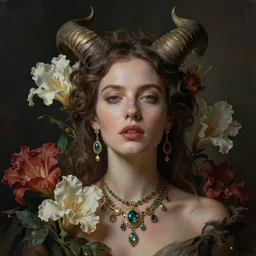 of a woman, surreal Portrait inspired by Natalie Shau, Anna dittmann,flowers with horns, jewellery,cinematic