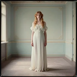 beautiful girl in an empty room, daguerreotype by segantini, art noveau, highly detailed, strong lights, liminal, eerie, Bright pastel colors, octane render, 8k
