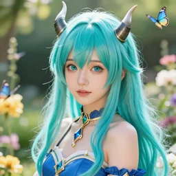 portrait of a cute beautiful young woman, with long turquoise hair, big cute eyes, and a blue dress, Horns, intricate jewelry, realistic anime, backlit, strong rim light, subsurface scattering, realistic shaded perfect face, fine details, in a garden full of flowers and Butterflies, volumetric lighting, sharp focus, excellent composition, octane render, trending on artstation, 8k