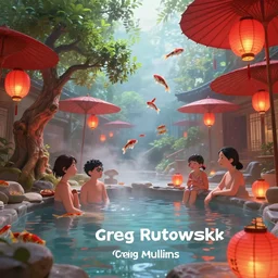 digital painting of interior of cozy onsen hot spring floating red lanterns and parasols by greg rutkowski and craig mullins. pixar bonsai trees [ koi fish swimming in the air ] clear focus, dreamy bright atmospheric cinematic lighting, trending, award - winning, featured