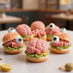 8 5 mm food photography of a brain burger with brain slices and eyeballs at a restaurant. highly detailed 8 k. intricate. lifelike. soft diffused light. nikon d 8 5 0.