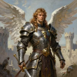 illustration portrait of a fantasy angelic grim paladin male, castle setting, art by frank frazetta, tim hildebrandt, gerald brom, greg rutkowski