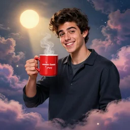 portrait of a ( ( ( una taza de cafe grande y roja ) ) ), ( ( guapo joven caliente zayn malik alegre ) ), lleno de nubes y magia, el sol, concept character, by greg rutowski and tezuka and oi and mucha and bierstadt and remington, trending on artstation