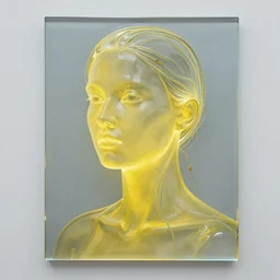 Woman, Masterpiece, glass, flat background, yellow skin, glowing, wires everywhere, by Edgar Maxence and Ross Tran, Zdzisław Beksiński, and Michael Whelan, distant, gustav dore, H.R. Giger, 8k, octane render