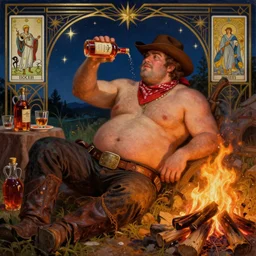 a dramatic, epic, ethereal painting of a (((!!!!!!handsome!!!!!!))) thicc chunky beefy mischievous shirtless with a big beer belly wearing a large belt and bandana offering a whiskey bottle | he is a cowboy relaxing by a campfire | background is a late night with food and jugs of whisky | homoerotic | stars, tarot card, art deco, art nouveau, intricate | by Mark Maggiori (((and Alphonse Mucha))) | trending on artstation
