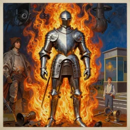 shiny metal armour in flames, monumental painting by gerrit van honthorst and hajime sorayama and edward hopper, illusion surreal art, highly conceptual figurative art, intricate detailed oil illustration, controversial poster art, polish poster art 1 9 8 0