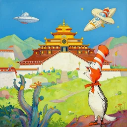 Paro Taktsang landscape in the style of Dr. Seuss, starships, painting by Raphael Lacoste