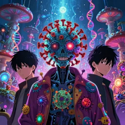 anime 4 k headshot portrait of a psychedelic cybernetic covid - 1 9 with toxic molecul themed clothes, magic dna village in background by jeff easley, vibrant colors, award winning, stylized neon, post - processing, masterpiece, mix styles of tsutomu nihei, superb resolution. in the art style of junji ito and greg rutkowski. detailed mushroom city in background. hyper realistic anime. perfect art. dalle 2