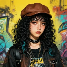 highly detailed portrait of a sewer punk student lady with trendy brown cap and black curly hair by atey ghailan, james gilleard, by joe fenton, by greg rutkowski, by greg tocchini, by kaethe butcher, 4 k resolution, gradient yellow, black, brown and cyan color scheme, grunge aesthetic!!! ( ( dystopian graffiti tag wall in background ) )