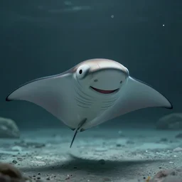 a new shy manta ray character, in the style of the muppets, it is a manta ray character with manta ray fins, designed by beetlejuice the musical on broadway, real, photograph, cinematic