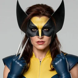 beautiful female classic wolverine, claws, detailed perfect face, exquisite details, high quality, intricate clothing, marvel comics, x - men, yellow and blue suit, mid view, predator pose, by studio muti, greg rutkowski makoto shinkai takashi takeuchi studio ghibli