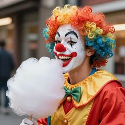 a smiling clown with sharp teeth eating cotton candy laughing 24mm shallow dof
