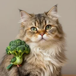 a persian cat with a new broccoli bird creature on her shoulder, highly detailed, digital painting, sharp focus, fantasy art