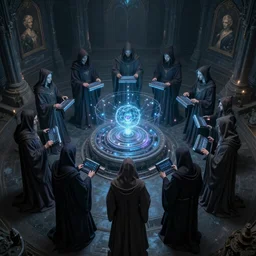 a quantum computer, a dark cabal of multiple hooded elven mystics in long robes gathered in a circular formation around a quantum computer, processing the spirits of the dead, dan seagrave, michael whelan art, beautifully detailed