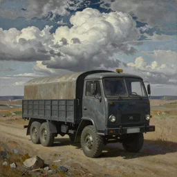 painting of a traer in a desolate landscape with clouds in the style of beksinski, hyper realistic, detailed