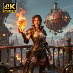 beautiful industrial steampunk digital art of madison beer, standing on the balcony of a steampunk airship overlooking a city, holding a ball of fire in the palm of her hand, symmetrical face, beautiful eyes, trending on art station, 8 k resolution, award - winning photo, highly detailed scene, vibrant art