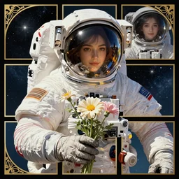 astronaut in space with flowers in space suit by tithi luadthong, photorealistic, art nouveau, illustration, concept design, storybook layout, story board format
