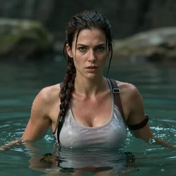 film scene of lara croft, drenched body, wet dripping hair, emerging from the water, unreal engine