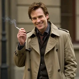 photorealistic photography of paul blackthorne as harry dresden posing as a charismatic smiling thief, with a light brown trench coat and a cigarette, in dresden files movie, super detailed, 4 k