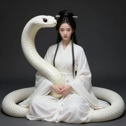 ancient chinese goddess, incarnation of white snake, by akihito yoshida, by anthony van dyck, artstation, by camille corot, by frida kahlo, illustration, optics, chromatic, prismatic, ray tracing reflections, fxaa, centrosymmetric face