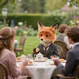 film still from the movie chappie outdoor park plants garden scene bokeh depth of field several figures sitting down at a table having a delicious grand victorian tea party crumpets furry anthro anthropomorphic stylized fox wearing suit