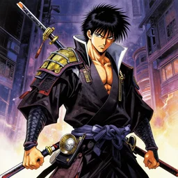 an epic cyberpunk samurai by kentaro miura, hyper-detailed
