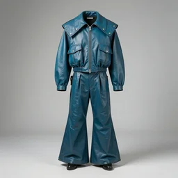 an award - winning editorial photo of a teal extremely baggy but cropped ancient medieval designer menswear leather dutch police jacket with an oversized large collar and baggy bootcut trousers designed by alexander mcqueen, 4 k, studio lighting, wide angle lens