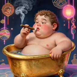 Hairy fat dwarf bathing in a gold tub and smoking a cigar, futuristic neon, decorated with traditional Japanese ornaments by Ismail inceoglu dragan bibin hans thoma greg rutkowski Alexandros Pyromallis Nekro Rene Maritte Illustrated, Perfect face, fine details, realistic shaded, fine-face, pretty face