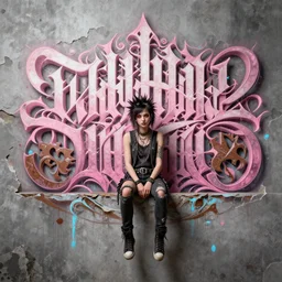 highly detailed matte painting, of punk girl sitting on maximalist 3 d calligraphy graffiti tag light eroding grey walls, by atey ghailan, by greg rutkowski, by greg tocchini, by james gilleard, by joe fenton, by kaethe butcher, pink, brown, light blue and white mystical color scheme, grunge aesthetic, octane render