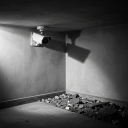 security camera footage of house basement, black and white
