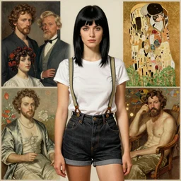 a woman with black hair and long pixie haircut in shorts with suspenders and white t-shirt drawn by george bellows, gustave caillebotte, Alexandre Cabanel, norman rockwell, jean-leon gerome, maler collier, peter paul rubens, alphonse mucha, gustav klimt 4k, unreal 5, DAZ, french noveau, trending on artstation, octane render, hyperrealistic