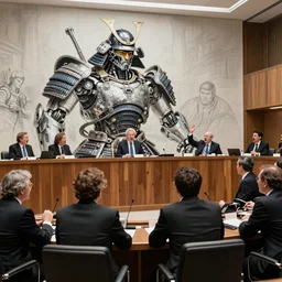 UN meeting at The Hague , members yelling and screaming animatedly at a large godlike masked and helmeted cyborg samurai , courtroom sketch , Photo realistic , Gregory Crewdson , Award winning. Masterpiece, exquisite detail, post processing