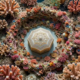 a ornate hexagonal rococo box at the center of a colorful cascading coral reef spiral intertwined with intricate wooden structures in a tangled mandala vortex with fractal broccoli florets, 4k, octane render, trending on artstation