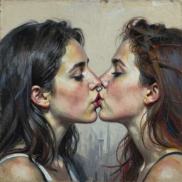 two women kissing detailed and  analogue mixed media collage with canvas texture in style of conteporary art, punk art, photorealistic, expressionism, masterpiece, perfect composition, hyperrealistic beautiful face, spectacular quality, intricate oil paint details