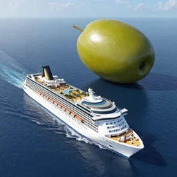 aerial view of a cruise ship headed toward a floating giant pimento olive 4k