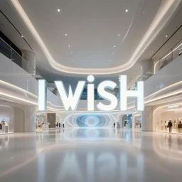 a vast indoor space known as I Wish where any desire will appear. Futuristic, shiny, diffused lighting