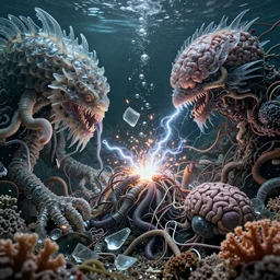 extremely complex scene merged creatures with translucent debris scales gills and fins, normal map, textured, glowing covered in worms, electronic wires, electricity explosion, worm hole, plastic sea wrapped, covered in brain cells, underwater tree roots strangled, water splash bubbles, flow, coral, glass debris pieces, dust particles, dramatic lighting, electronic wires, fire sparks, high resolution photo,
