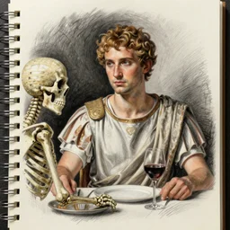 Charcoal pencil portrait of a Roman emperor sharing dinner with a mummified skeleton, sketchbook, Leonardo da Vinci