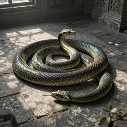 beautiful concept art of one coiled snake on top of stone tiles, interior, dappled sunlight, mausoleum, fantasy, by greg rutkowski, trending on artstation.