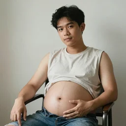 Young male Filipino protagonist wearing a loose sleeveless shirt and a big pregnant belly sitting on a chair, ultrarealistic, 8k