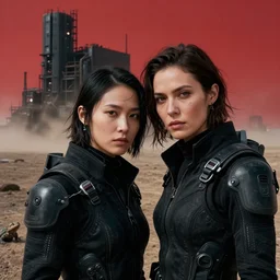 cinestill 5 0 d 3 5 mm, f / 3. 2, photographic portrait of two loving female androids wearing rugged black techwear on a desolate plain with a red sky, extreme closeup, lizard on ground, cyberpunk style, in front of a brutalist dark metal facility, dust storm, 8 k, hd, high resolution, f / 3. 2, ultra realistic faces