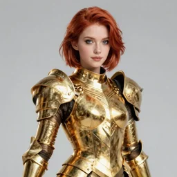 a beautiful woman wearing gold armor, redhead, short hair, digital art, extremely detailed