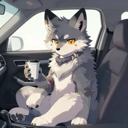 a cool wolf fursona,, in a car