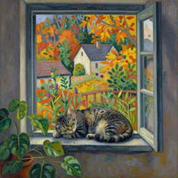 sleeping cat on window, inside house in village, plants, autumn colors, divisionism and pointillism style