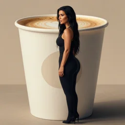 A huge cup of coffee with Kim Kardashian standing in it, side view, cinematic, highly detailed, 4K HD