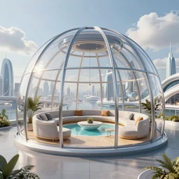 a beautiful lounge with a pool inside a futuristic glass dome house designed by zaha hadid, futuristic city background, clouds, octane render, ray tracing, 8k resolution, sharp