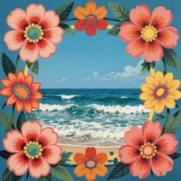 A vintage soul album cover of a psychedelic choppy ocean surrounded by gigantic trippy flowers, symmetrical